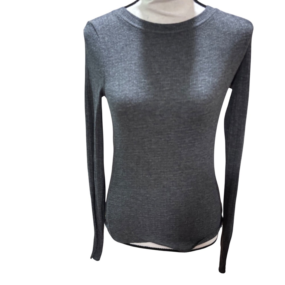 Urban Outfitters Grey Ribbed Long Sleeve Crew Neck Stretchy Women's Top Medium